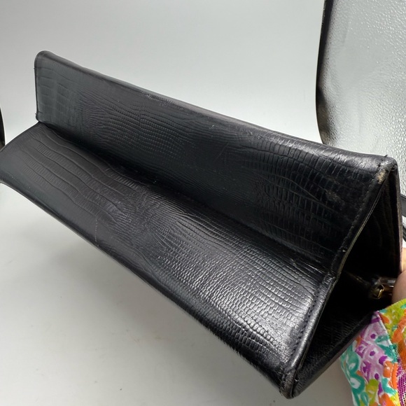 Vintage Black Leather Kelly Bag Reptile Embossed Structured Handbag - Picture 4 of 10